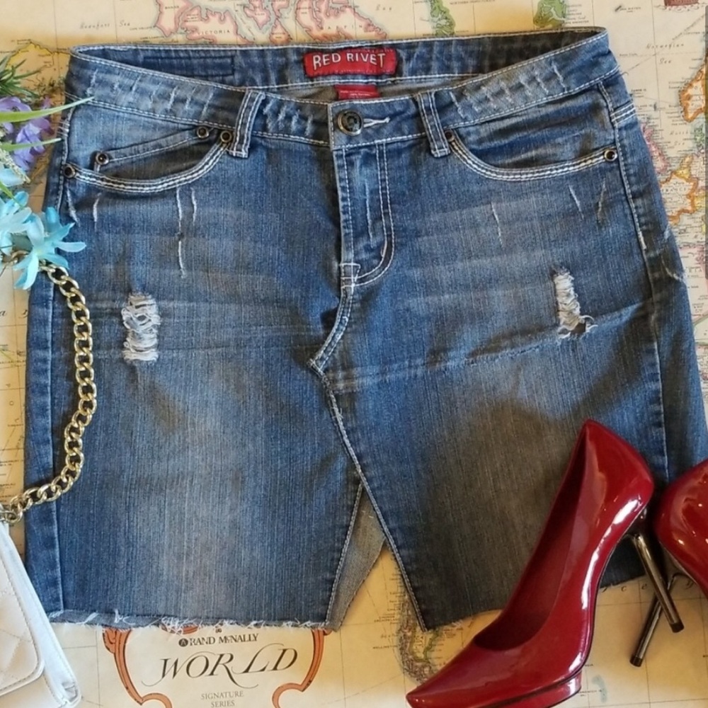 Red Rivet Deconstructed Denim Jean Skirt Bling fleur-de-lis